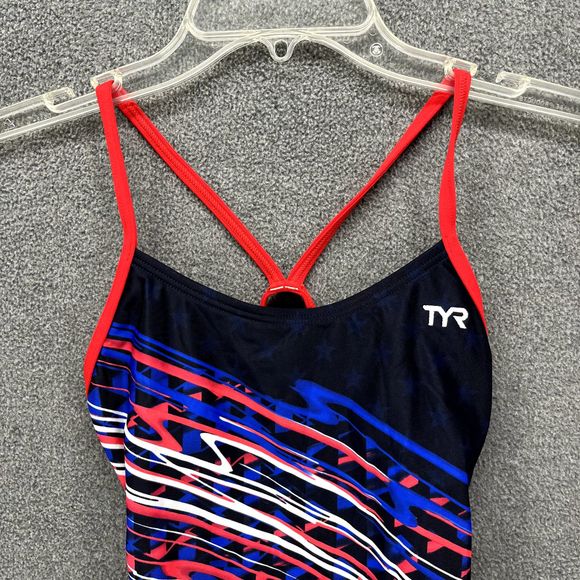 TYR Swimsuit Womens 30 Blue Red One Piece Cutout Fit Open Back - Picture 2 of 11